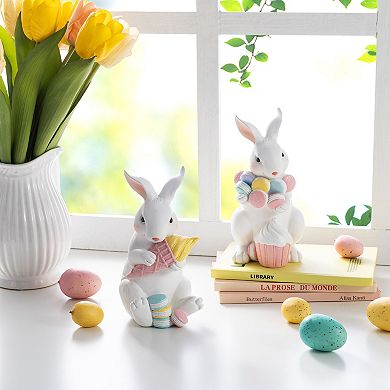Glithome Set of 2 Easter Resin Bunny Holding Macaron Table Decor