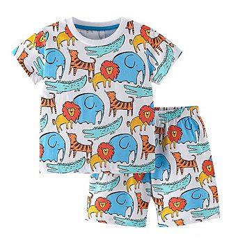 Lions and Elephants Pattern T-shirt and Shorts Clothing Set for Boys