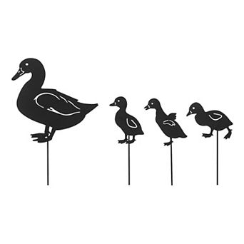 Glitzhome 18"H Multi-functional 2-in-1 Set of 4 Black Metal Duck Silhouette Pick, Wall Decor