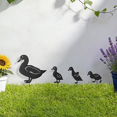 Glitzhome 18"H Multi-functional 2-in-1 Set of 4 Black Metal Duck Silhouette Pick, Wall Decor