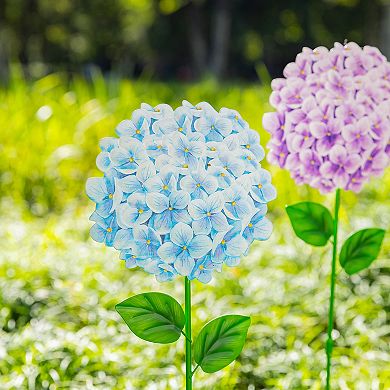 Glitzhome Set of 3 Metal Hydrangea Yardstake, 24''H Elegant Hydrangea Wall Decor