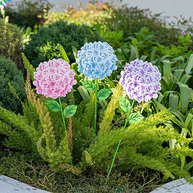 Glitzhome Set of 3 Metal Hydrangea Yardstake, 24''H Elegant Hydrangea Wall Decor
