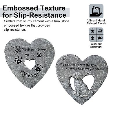 Glitzhome Set of 2 Cement Heart Shaped Paw Prints and Dog Memory Stepping Stones, 10"D