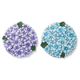 Glitzhome Set of 2 Cement Blue and Purple Hydrangea Textured Stepping Stones, 10"D