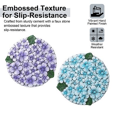 Glitzhome Set of 2 Cement Blue and Purple Hydrangea Textured Stepping Stones, 10"D