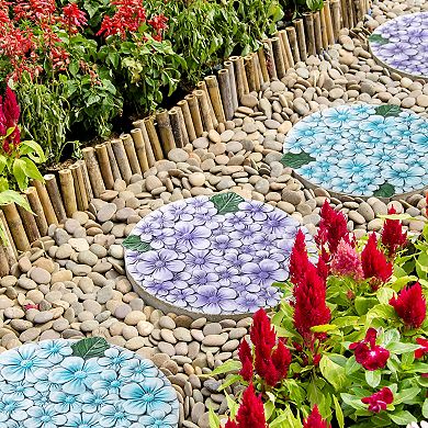 Glitzhome Set of 2 Cement Blue and Purple Hydrangea Textured Stepping Stones, 10"D