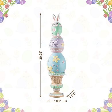 Glitzhome 30.5"H Easter Resin Macaron Stacked Egg & Bunny Porch Décor