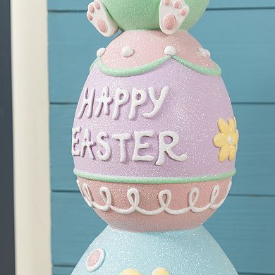 Glitzhome 30.5"H Easter Resin Macaron Stacked Egg & Bunny Porch Décor