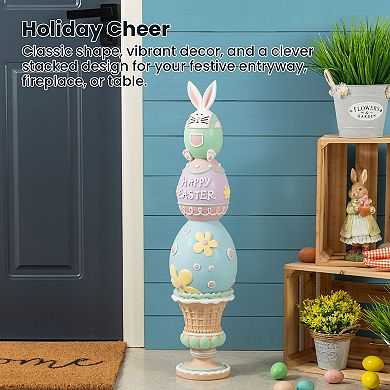 Glitzhome 30.5"H Easter Resin Macaron Stacked Egg & Bunny Porch Décor