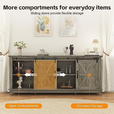 66in Modern Farmhouse TV Stand with Barn Door,Storage Cabinets,Entertainment Console Table