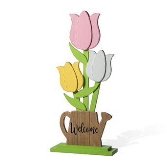 Glitzhome 30"H Easter Decoration, "Welcome" Wooden Tulip Porch Decor