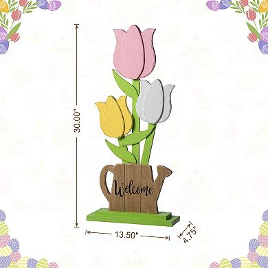 Glitzhome 30"H Easter Decoration, "Welcome" Wooden Tulip Porch Decor
