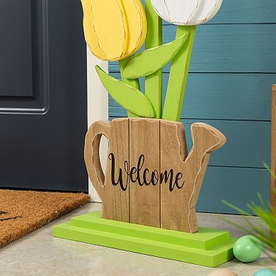 Glitzhome 30"H Easter Decoration, "Welcome" Wooden Tulip Porch Decor