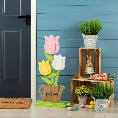 Glitzhome 30"H Easter Decoration, "Welcome" Wooden Tulip Porch Decor