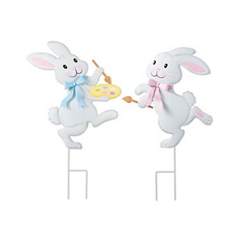 Glitzhome Set of 2 Easter Metal Bunny Painter Yard Stake