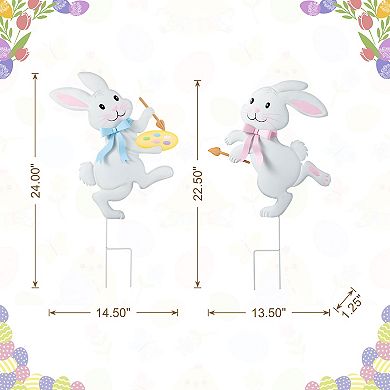 Glitzhome Set of 2 Easter Metal Bunny Painter Yard Stake