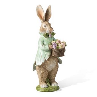 Glitzhome 15.75"H Easter Tabletop Decor, Resin Bunny Boy Table Decor with Flowers