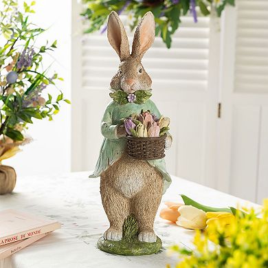 Glitzhome 15.75"H Easter Tabletop Decor, Resin Bunny Boy Table Decor with Flowers