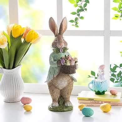 Glitzhome 15.75"H Easter Tabletop Decor, Resin Bunny Boy Table Decor with Flowers