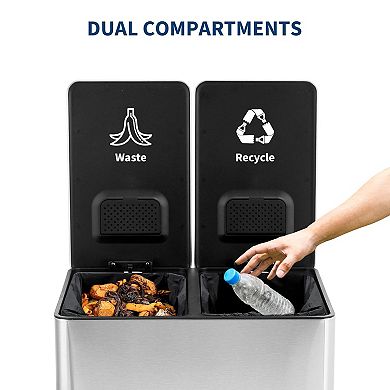 2x4 gal Dual Trash Can,Stainless Steel Step Trash Can with 2 Compartments,Inner Buckets,Lid