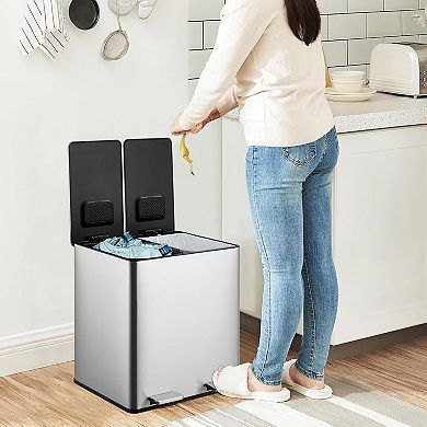 2x4 gal Dual Trash Can,Stainless Steel Step Trash Can with 2 Compartments,Inner Buckets,Lid