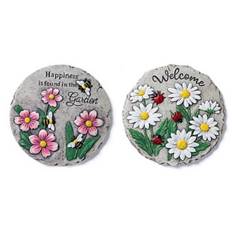 Glitzhome 10"D Cement Flower Textured Stepping Stones, Set of 2