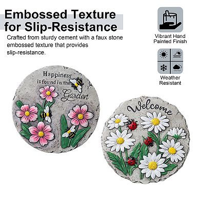 Glitzhome 10"D Cement Flower Textured Stepping Stones, Set of 2