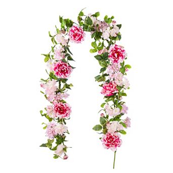 Glitzhome Pink Hydrangea, Peony & Cherry Garland, Realistic Mantle Garland Decoration, 6ft