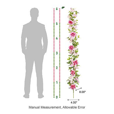 Glitzhome Pink Hydrangea, Peony & Cherry Garland, Realistic Mantle Garland Decoration, 6ft