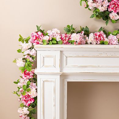 Glitzhome Pink Hydrangea, Peony & Cherry Garland, Realistic Mantle Garland Decoration, 6ft