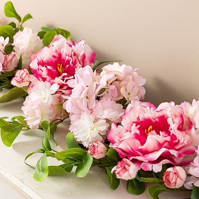Glitzhome Pink Hydrangea, Peony & Cherry Garland, Realistic Mantle Garland Decoration, 6ft