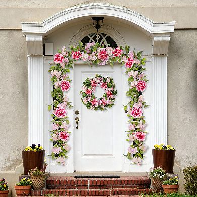 Glitzhome Pink Hydrangea, Peony & Cherry Garland, Realistic Mantle Garland Decoration, 6ft