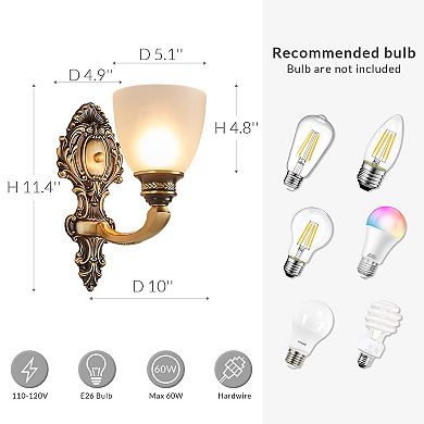 Moooni 2-Pack Vintage Brass Wall Sconce Mid-Century Wall Light Fixtures with Glass Shades(No Bulbs)