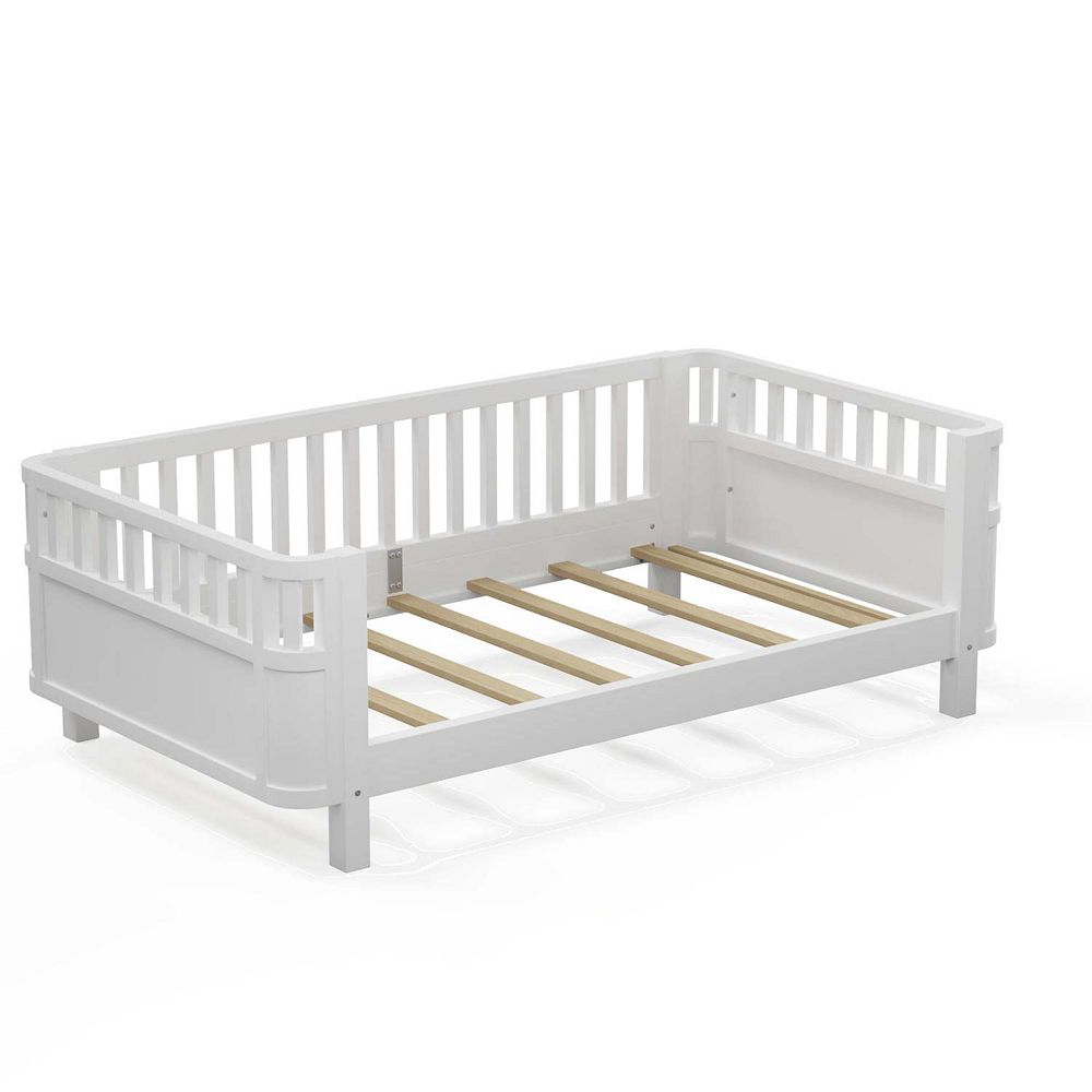 Kids Wood Platform Bed with Safety Rails Low Profile Design in White