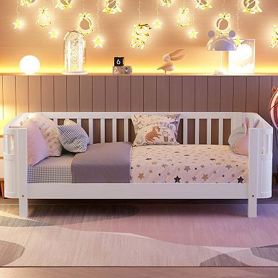 Kids Wood Platform Bed with Safety Rails Low Profile Design in White