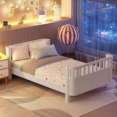 Kids Wood Platform Bed with Safety Rails Low Profile Design in White