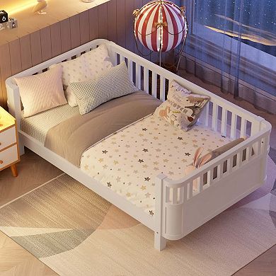 Kids Wood Platform Bed with Safety Rails Low Profile Design in White