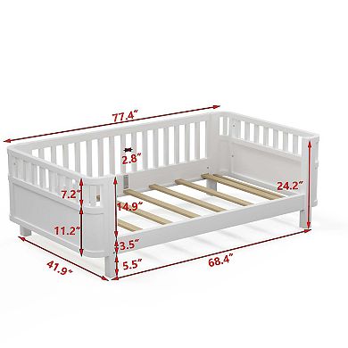 Kids Wood Platform Bed with Safety Rails Low Profile Design in White
