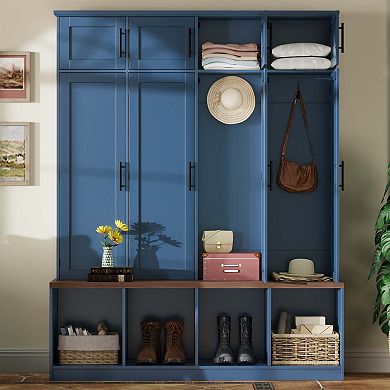Farmhouse Hall Tree with Hidden Hooks and Walnut Bench 8 Door Entryway Cabinet