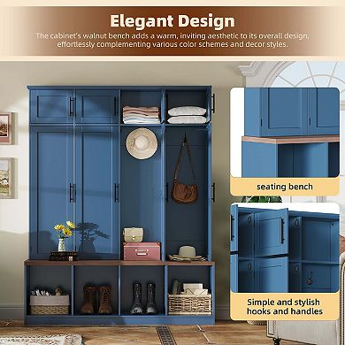 Farmhouse Hall Tree with Hidden Hooks and Walnut Bench 8 Door Entryway Cabinet