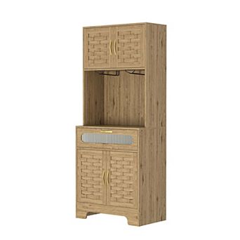 67 Inch Tall Pantry Buffet Cabinet Freestanding Hutch Cupboard with Glass Door, Wine Glass Holder