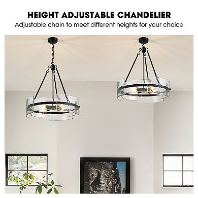 Moooni 4-Light Dimmable Round Chandelier, Hand-Hammered Glass Pendant LightBlack
