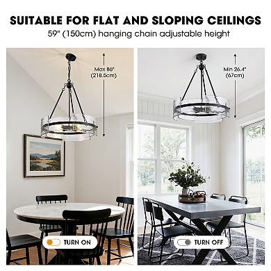 Moooni 4-Light Dimmable Round Chandelier, Hand-Hammered Glass Pendant LightBlack