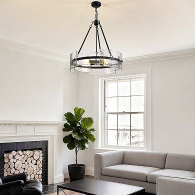 Moooni 4-Light Dimmable Round Chandelier, Hand-Hammered Glass Pendant LightBlack