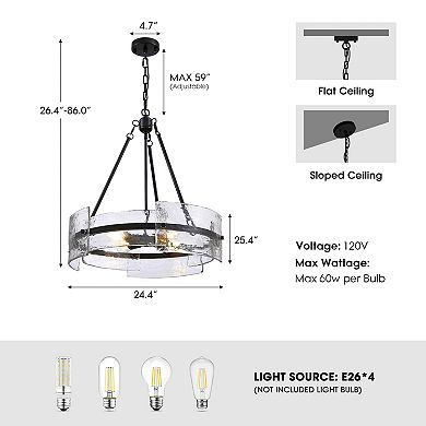 Moooni 4-Light Dimmable Round Chandelier, Hand-Hammered Glass Pendant LightBlack