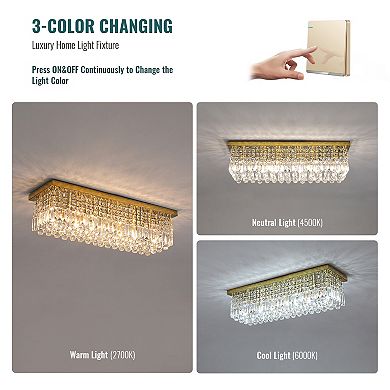 Moooni 31.5" 6-Light Gold Rectangle Flush Mount with K9 Clear Crystal Shade and No Bulbs Included