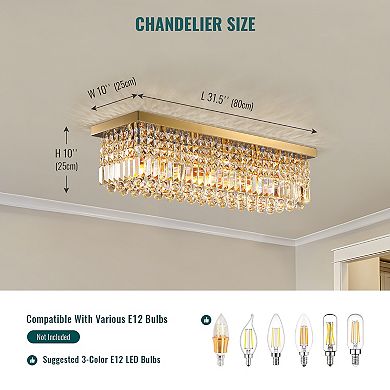 Moooni 31.5" 6-Light Gold Rectangle Flush Mount with K9 Clear Crystal Shade and No Bulbs Included