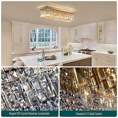 Moooni 31.5" 6-Light Gold Rectangle Flush Mount with K9 Clear Crystal Shade and No Bulbs Included