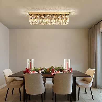 Moooni 31.5" 6-Light Gold Rectangle Flush Mount with K9 Clear Crystal Shade and No Bulbs Included