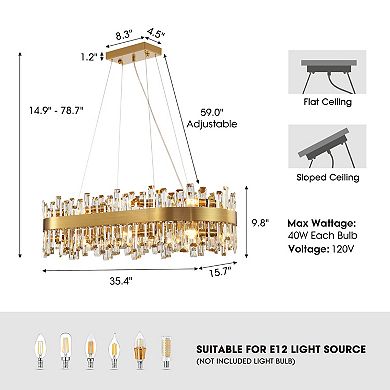 Moooni 35.4" 16 Lights Modern Rectangular Chandelier Gold Oval K9 Crystal Hanging Ceiling Light
